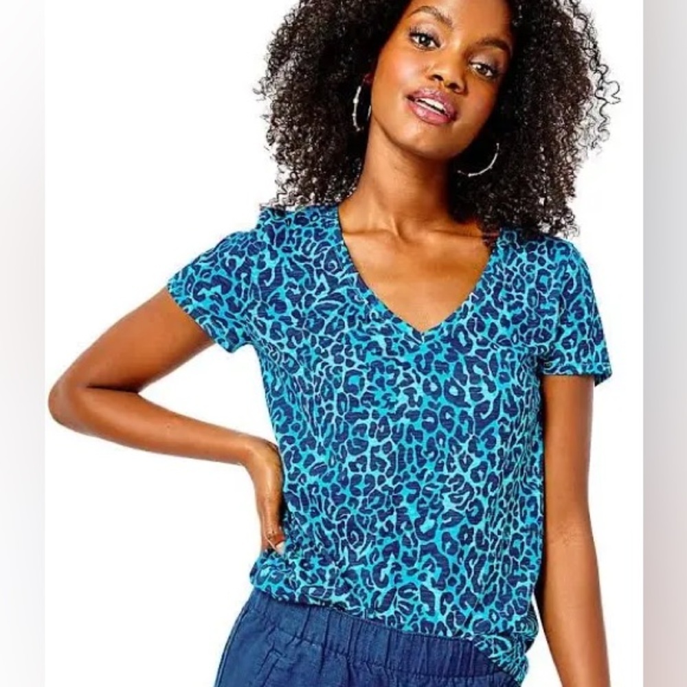 Lilly Pulitzer Etta V-neck Pima Cotton Leopard Print Tee 001504 Sz. Small